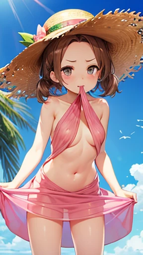 Everlasting summer、naked、Pink dress、Showing underboob、Belly button、Pussy、See-through、Straw hat、watermelon、Hold in mouth、Light brown hair、Wide forehead、short hair with twin tails、Tropical Juice、Get angry、Crouch down