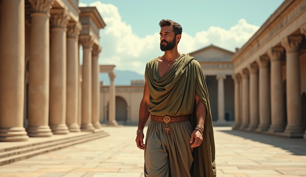 In a revitalized Roman forum or expansive open-air space with grand, restored Doric columns, a male stoic philosopher is shown in a moment of quiet reflection. The philosopher, with a well-proportioned and attractive physique, wears pristine tunics in muted earthy tones—grey, brown, and olive green—with prominent gold or copper accents, and leather sandals. His very short, well-groomed beard and wavy, well-styled hair frame his contemplative expression. The camera captures him in a candid, natural pose, perhaps walking slowly or gazing thoughtfully into the distance. The background features a vibrant sky and well-maintained columns, symbolizing renewal and strength. The scene is bathed in soft, ambient light that enhances the philosopher’s natural poise and the grandeur of the Roman setting, creating a serene and uplifting atmosphere.