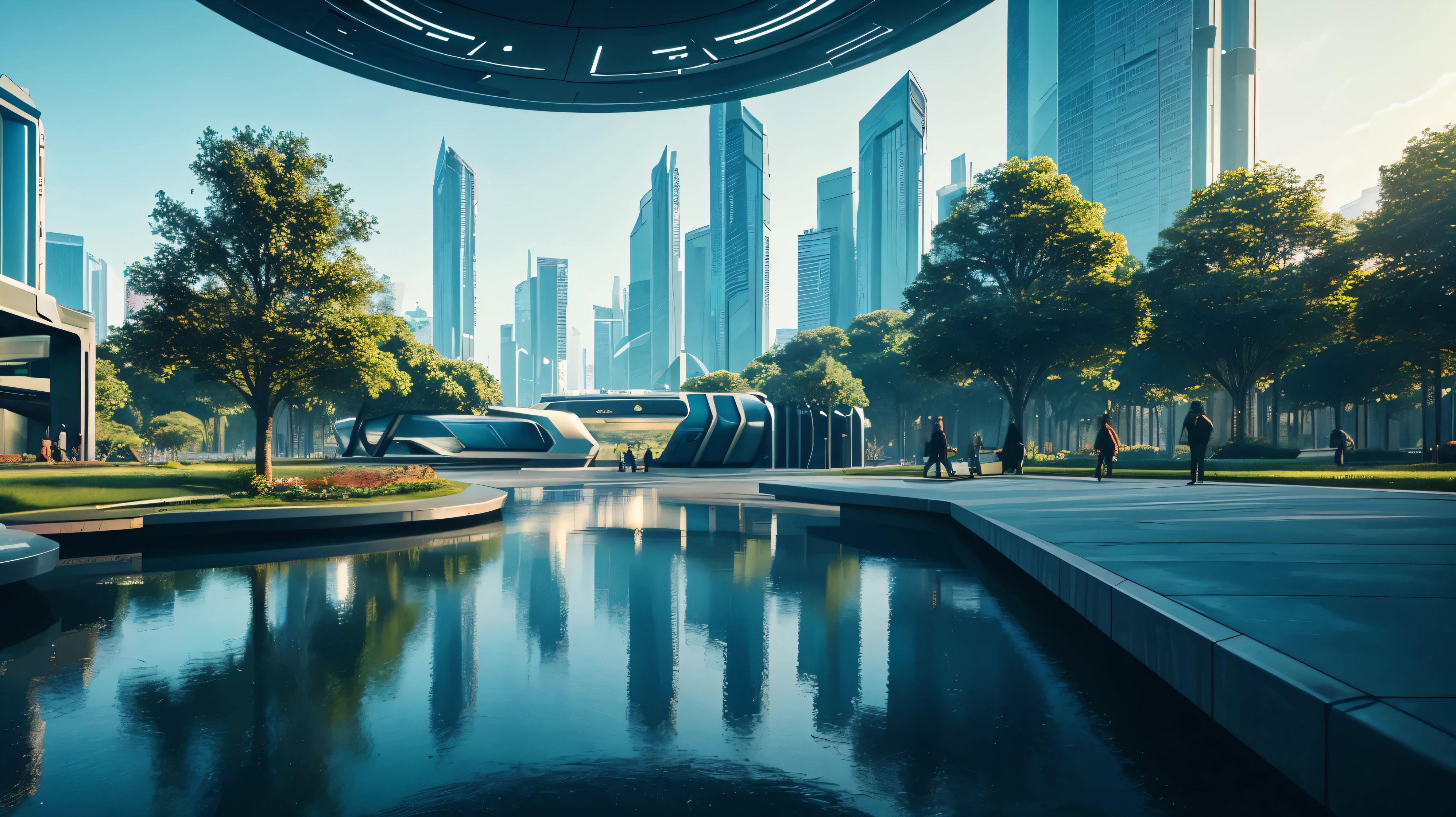 scifi, futuristic park, architectual, space design, cyberpunk, futuristic, hightech, hard-surface design, daylight, much tech, much electronic, very cozy, ambient light, realistic view, wide angle, year 2124