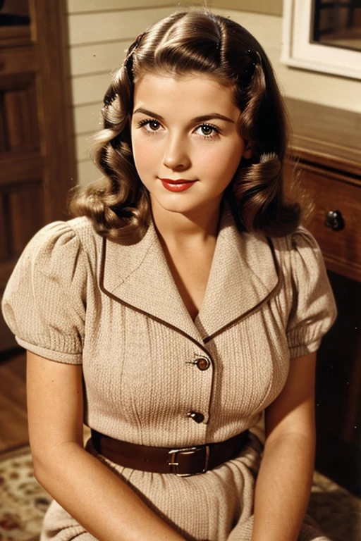 Medium view, of young aged, 16 year old, mom, gilf, milf, face portrait, jewish features, long hair, brown hair, 1940s hair style, 1940s clothing, in cozy home 1936, 