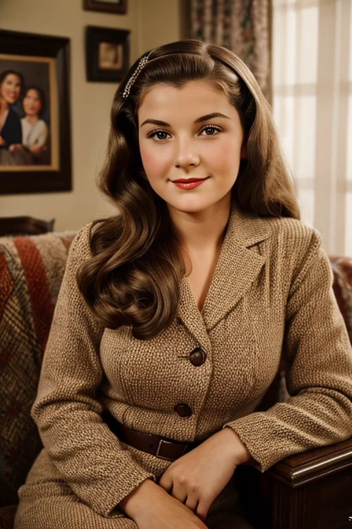 Medium view, of young aged, , mom, gilf, milf, face portrait, jewish features, long hair, brown hair, 1940s hair style, 1940s clothing, in cozy home 1936, 