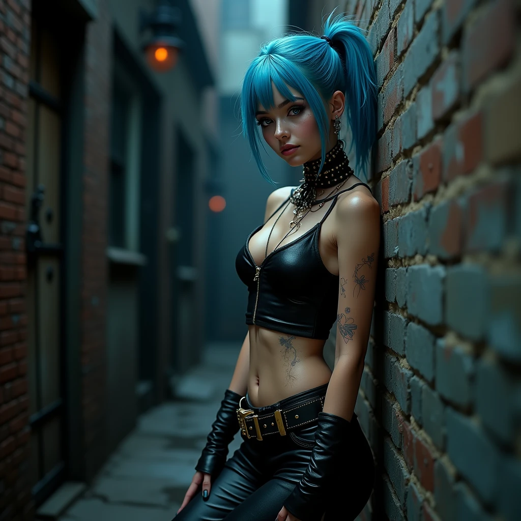 (raw photo, Best Quality), Cute jinxed girl with blue hair, (blue hair single ponytail), (hair over one eye), (alley background), low light, Very dark eyeliner, jinxlol, Nice smile, beautiful face , Lovely, punk, way there,  , young man looking, hyper detailed face, detailed skin, dark heavy eyeliner, (huge oversized breast), (Thin waist, slender, skinny), ((tight leather pants, dirty and worn)), LowriseXL, ((belt bra)), ((lean against the wall)), (((three bullet belts))), (((three studded belts))), exposed abdomen, ((navel piercing)), ((navel piercing)), (thigh belt), leather arm sleeves, ((many hip chains)), ((rock hard abs)), put weight on one leg, Perfect blue eyes, muddy skin, wet skin, oily skin, ((sit with legs open and knees bent)), photorealism