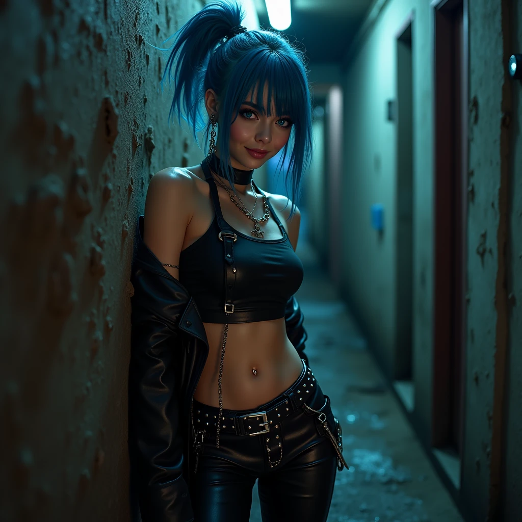 (raw photo, Best Quality), Cute jinxed girl with blue hair, (blue hair single ponytail), (hair over one eye), (alley background), low light, Very dark eyeliner, jinxlol, Nice smile, beautiful face , Lovely, punk, way there, , young man looking, hyper detailed face, detailed skin, dark heavy eyeliner, (huge oversized breast), (Thin waist, slender, skinny), ((tight leather pants, dirty and worn)), LowriseXL, ((belt bra)), ((lean against the wall)), (((three bullet belts))), (((three studded belts))), exposed abdomen, ((navel piercing)), ((navel piercing)), (thigh belt), leather arm sleeves, ((many hip chains)), ((rock hard abs)), put weight on one leg, Perfect blue eyes, muddy skin, wet skin, oily skin, ((sit with legs open and knees bent)), photorealism