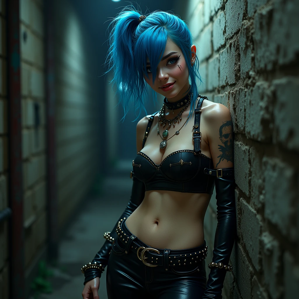 (raw photo, Best Quality), Cute jinxed girl with blue hair, (blue hair single ponytail), (hair over one eye), (alley background), low light, Very dark eyeliner, jinxlol, Nice smile, beautiful face , Lovely, punk, way there,  , young man looking, hyper detailed face, detailed skin, dark heavy eyeliner, (huge oversized breast), (Thin waist, slender, skinny), ((tight leather pants, dirty and worn)), LowriseXL, ((belt bra)), ((lean against the wall)), (((three bullet belts))), (((three studded belts))), exposed abdomen, ((navel piercing)), ((navel piercing)), (thigh belt), leather arm sleeves, ((many hip chains)), ((rock hard abs)), put weight on one leg, Perfect blue eyes, muddy skin, wet skin, oily skin, ((sit with legs open and knees bent)), photorealism