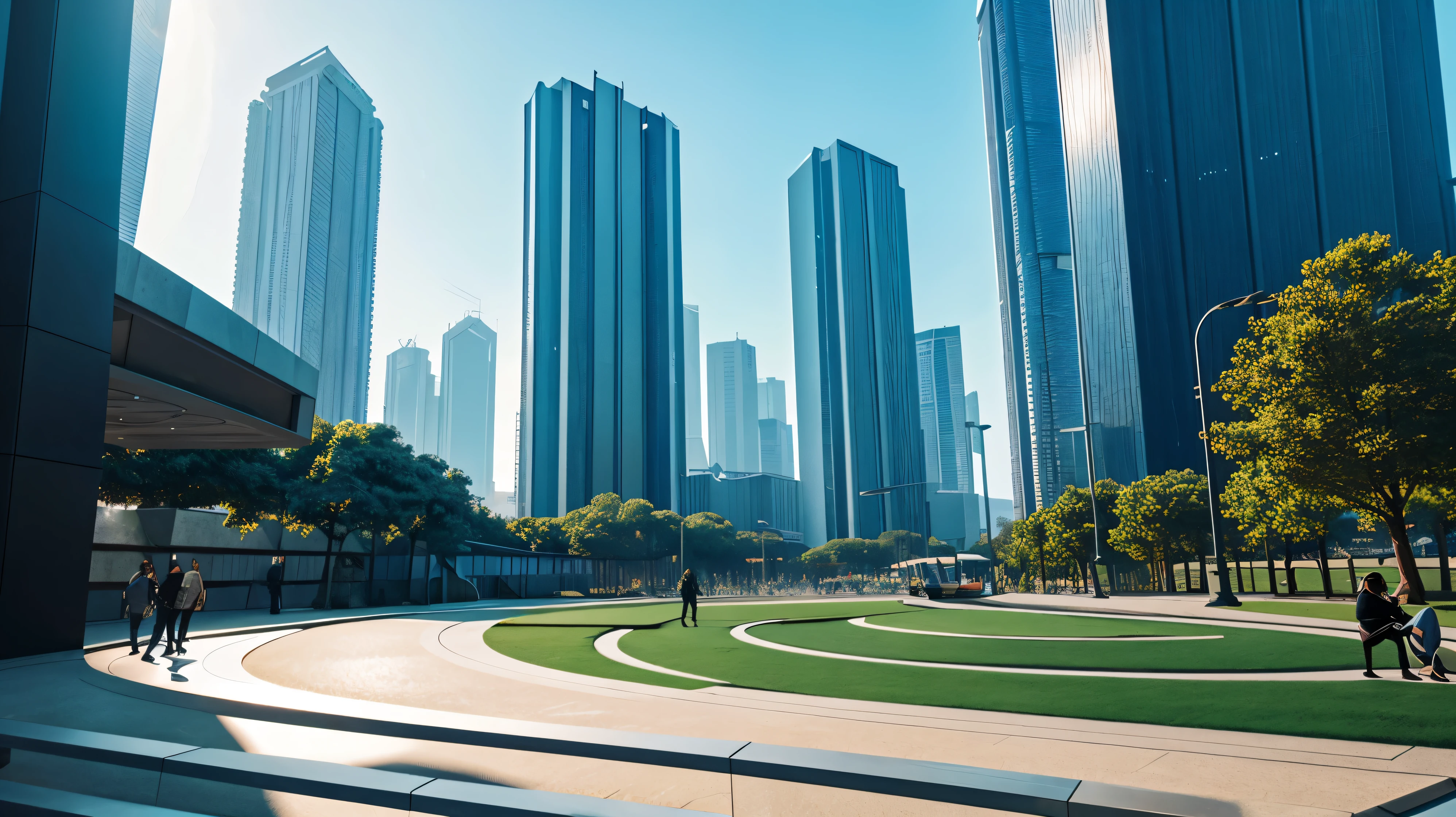 scifi, futuristic park, architectual, space design, cyberpunk, futuristic, hightech, hard-surface design, daylight, much tech, much electronic, very cozy, ambient light, realistic view, wide angle, year 2124