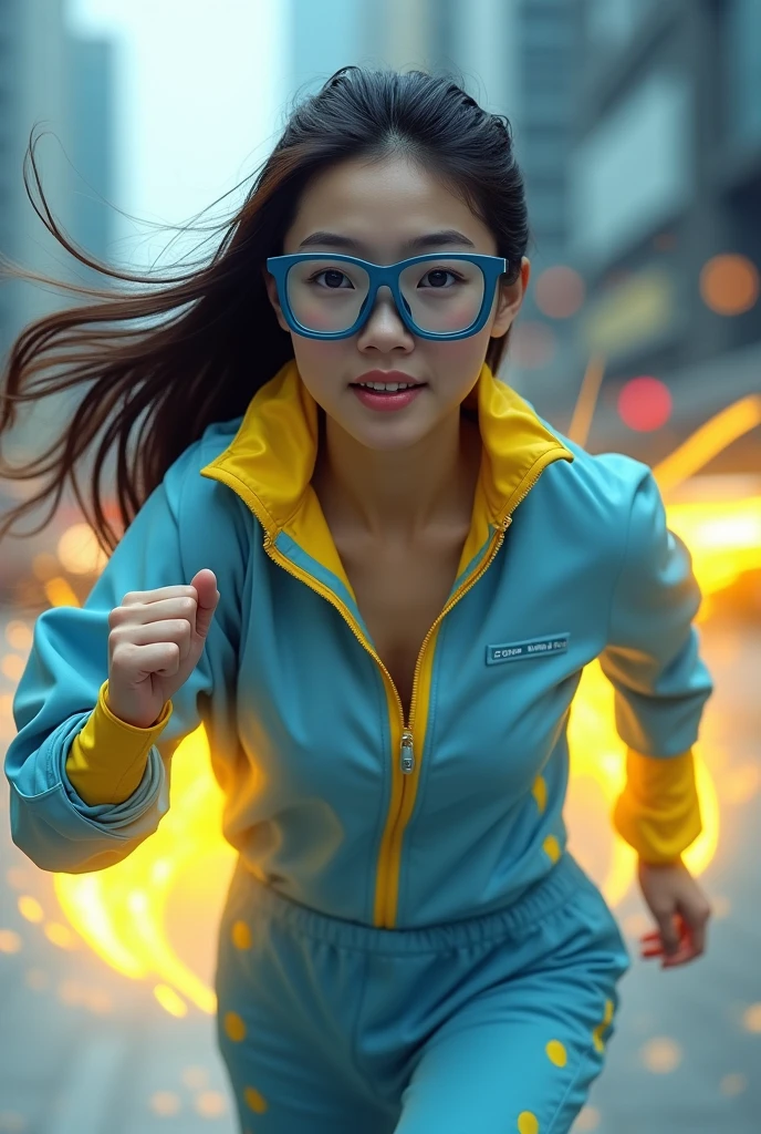 Chinese women average wear jumpasuit high tech(( blue yellow)). Running effect. Glowing yellow power. Runfast effect. Wear blue big glasses big frame.running speed of light. running athlete. Braces teeth. Bokeh background. Panning effect. Yellow high tech watch. a beautiful young chinese women, , wearing a high-tech blue and yellow loose jumpsuit, photorealistic, detailed facial features, long hair, elegant pose, dynamic lighting, 8k, award-winning digital art, intricate details, vibrant colors, cinematic composition. very fasr run, highly detailed. light trail effect. speed of light. froze time effect. at the city.
