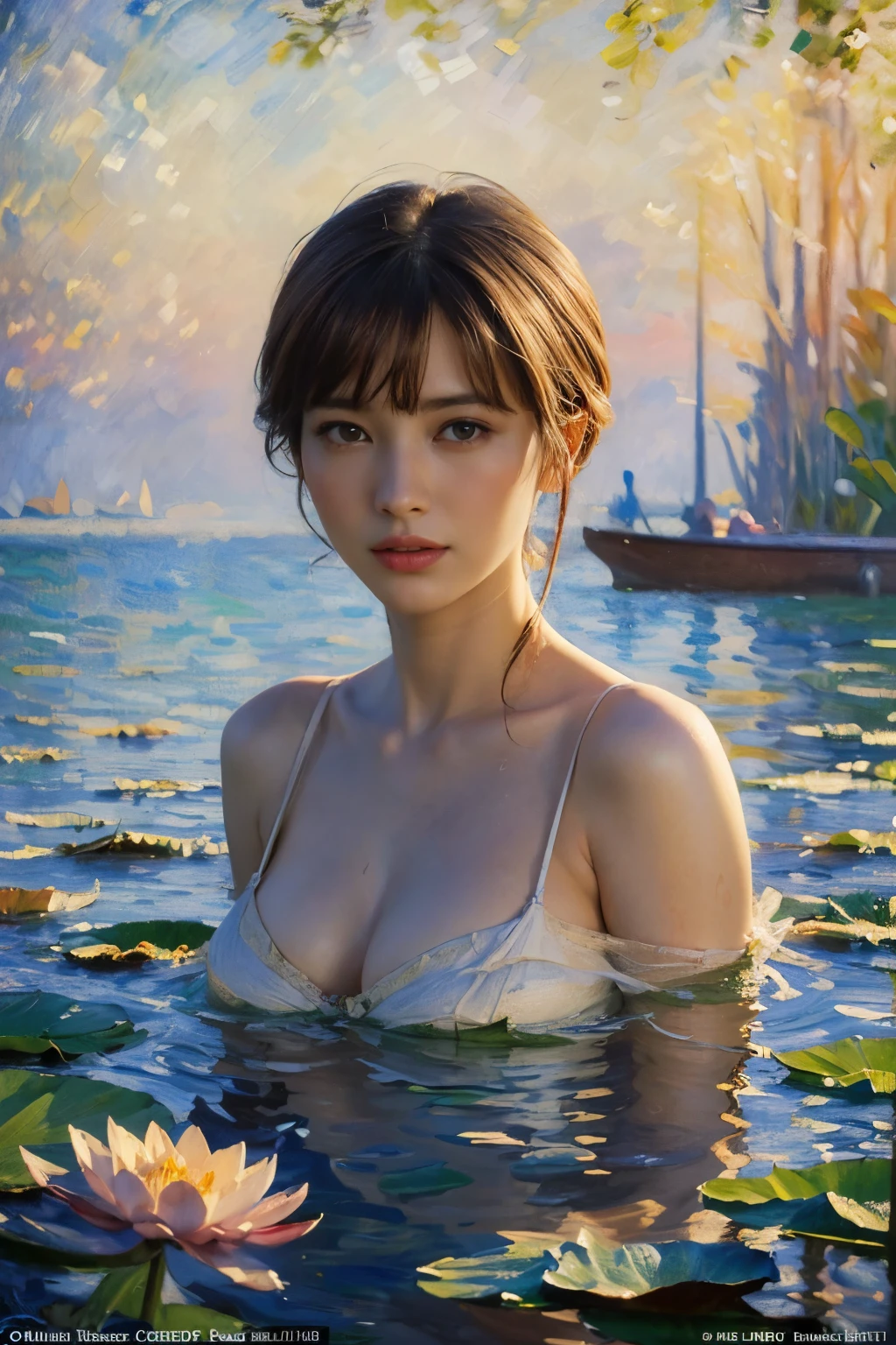 ((masterpiece:1.4, Highest quality)), (Realistic photos:1.4),
((1 person)), (Otherworldly beauty), (dream-like),
(超High resolution:1.2), Very delicate and beautiful, wonderful, Very detailed CG Unity 8k wall paper, Very detailed, High resolution,
Soft Light, Beautiful detailed, Very detailed eyes and face, Beautiful and detailed nose, Beautiful and detailed,
(Portrait of a chic Parisian woman from the late 19th century:1.3), (Get on a small boat), (night), (Monet's Lotus Pond),
Cinema Lighting, Perfect Anatomy, Slender body, (Parted bangs),
(The world of impressionist painting:1.5), (Impressionist light and colour), (「water lily」),
Cowboy Shot