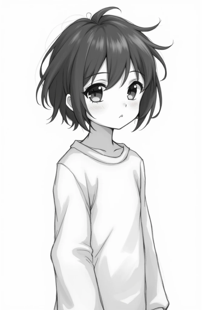 generate a girl, her hair is short and she's wearing long sleeve. but the art style must be black and white and a sketch, like a drawing from a pencil or pen only there's no other color in it.