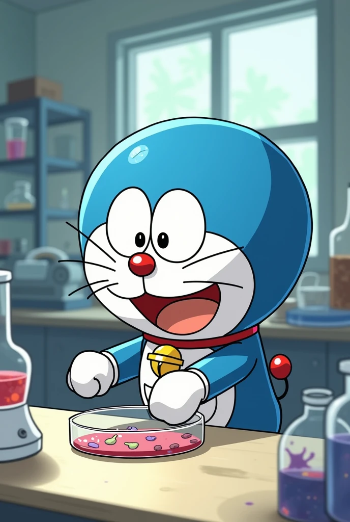 doraemon, preparing a petri dish by making bacterial cultures