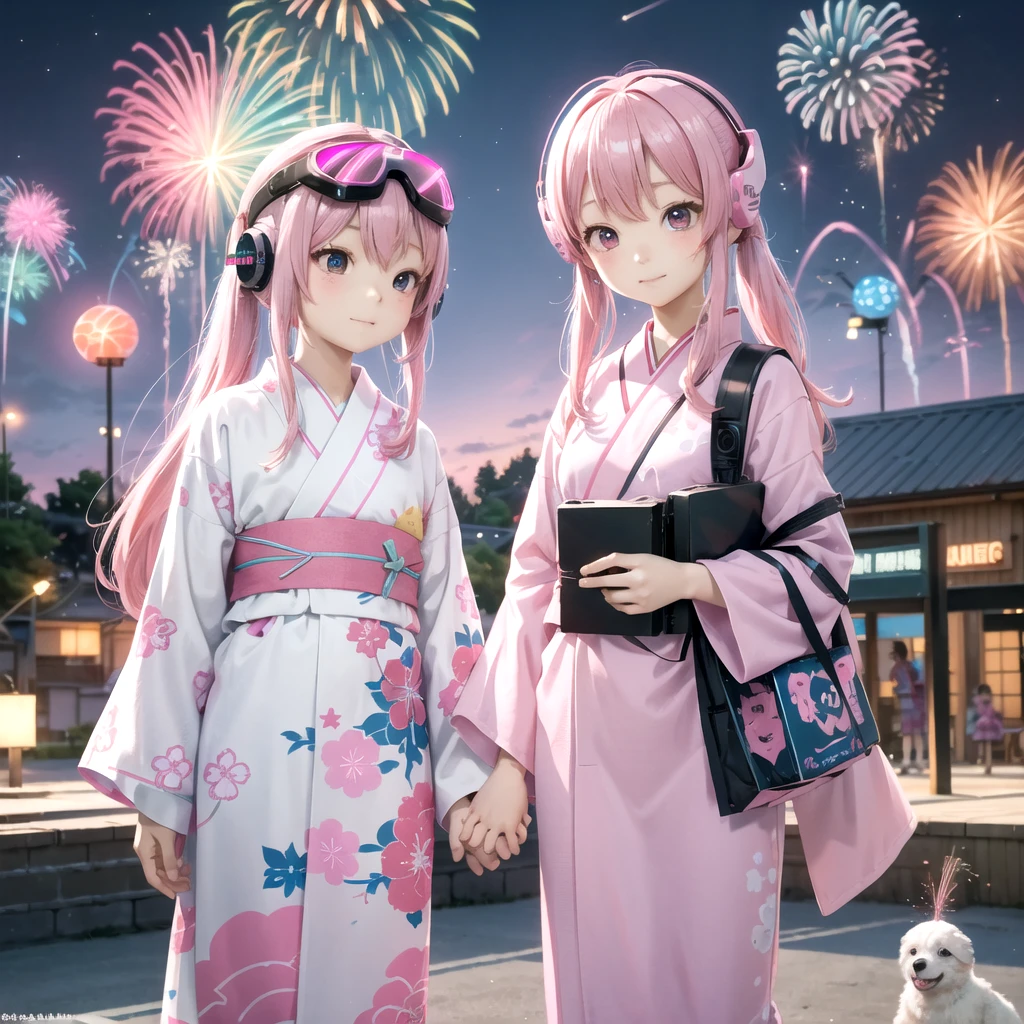 Pink haired elementary school student、Sister and Brother、vr goggles、Aurora、Humanoid Robot、Summer vacation、homework、hot summer、Drone in the sky、firework、future、2050、Afutureの世界、cyber-、Robot Dog、robot bird、Robot Cicada、yukata