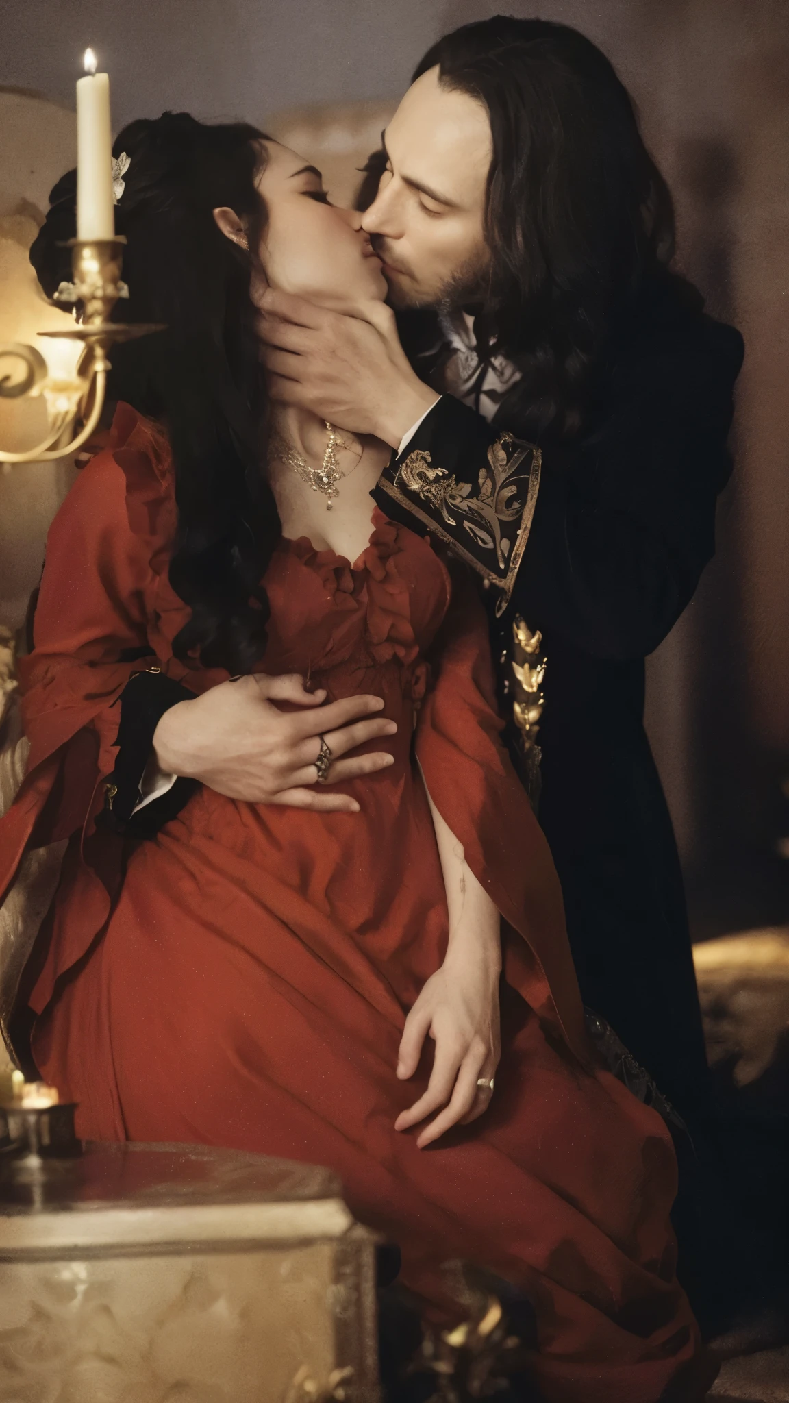 Create a realistic scene featuring two characters engaged in a passionate kiss. The male character has long, wavy dark hair, a pale complexion, and is wearing an ornate black and silver robe with intricate patterns. He gently holds the female character’s face with one hand while placing the other around her waist. The female character has long, dark hair, and is dressed in a deep red, Victorian-style gown with detailed ruffles. Capture the intimate moment, focusing on the emotional connection between them. Ensure the lighting is warm and dim, with a candle on the left side casting soft, flickering light that highlights their faces.