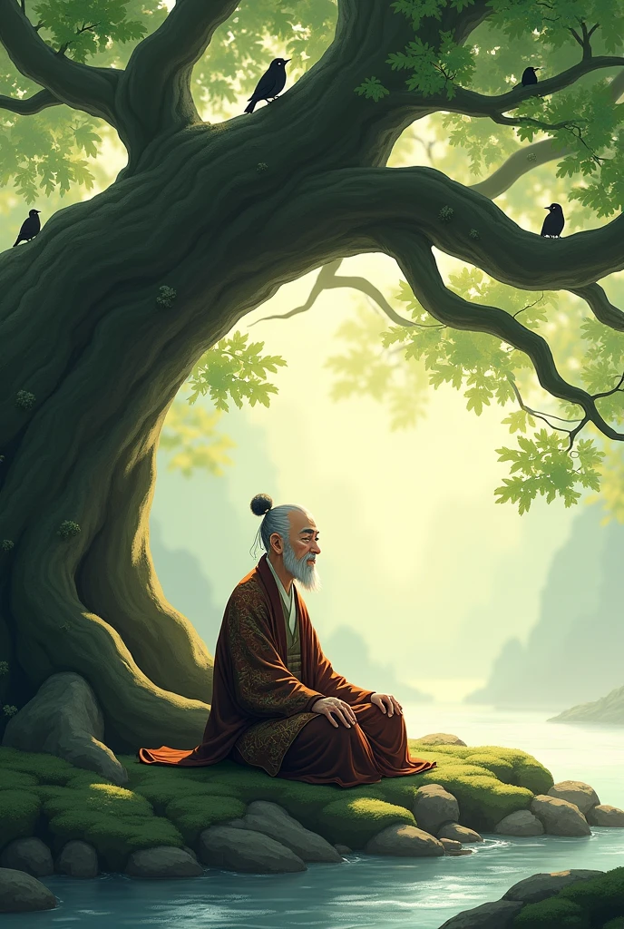 A wise old man dressed in traditional Chinese robes, sitting under a large, ancient tree with sprawling roots. His face is calm and contemplative as he meditates. The surroundings are tranquil, with soft sunlight filtering through the leaves. The scene includes gentle details like a small brook flowing nearby and birds perched on branches, enhancing the sense of harmony with nature in anime style.