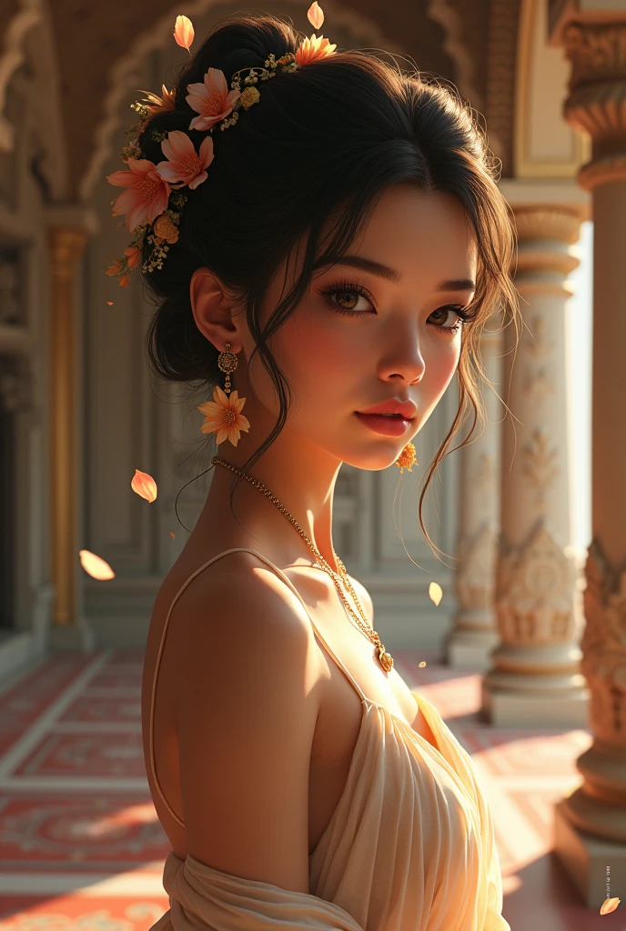 beautiful indian girl in temple with flowers