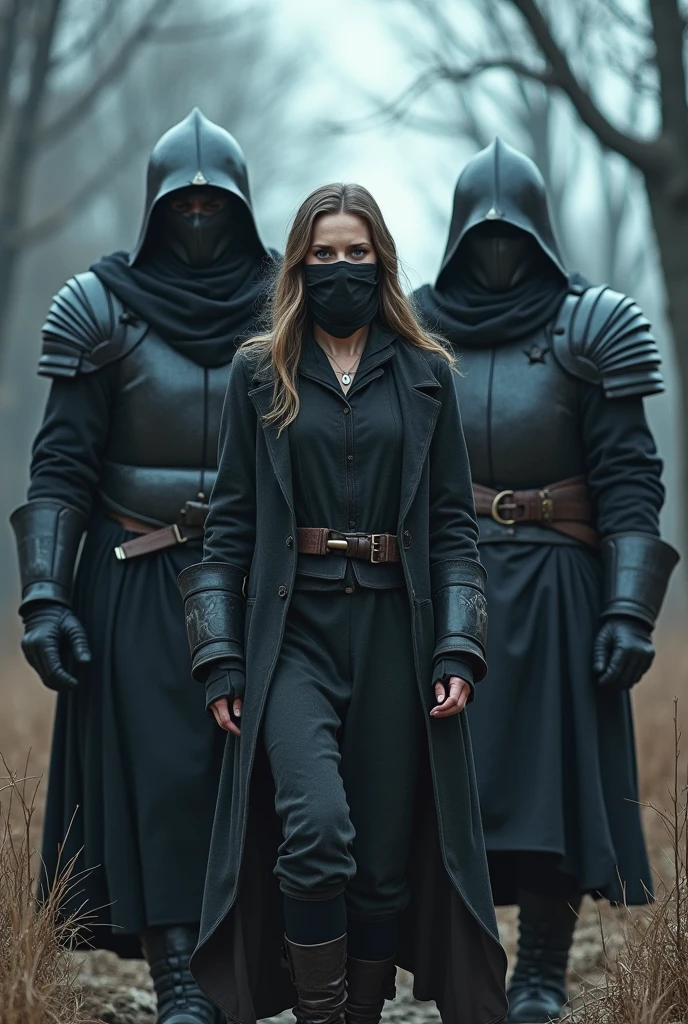The image shows a scene with a woman being escorted by two armed men in medieval-style armor. The woman is gagged, with her hands bound in front of her, and she is being held on either side by the men. The men are wearing dark, heavy armor with masks covering their faces. The setting appears to be a forested area with bare trees, suggesting a colder season. The scene gives a sense of captivity or abduction.


