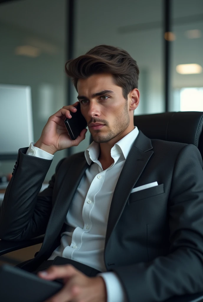 An important young man thinking sitting office chair with a phone on his hand