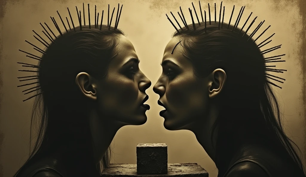 (Very old photograph only in sepia color), cenobitic characters from the movie Hellraiser, ((in medium full shot, low-angle ground view,)) ((LeMarchand Cube Puzzle)), black lipstick, scream and anger, (black eyeball), symmetrical cut on the face, nails nails in the head, frightened, horrified, terrified, insane, disgusting, disturbing, disturbing, Impactful, vintage, old film, (painting and surreal landscape inspired by Zdzislaw Beksinski and Wayne Barlowe), director Fritz Lang credits, science fiction, dynamic composition, gritty textures, shadows and highlights, bright costumes, excitement and adrenaline, cosmic horror influences , sinister composition, macabre atmosphere, high contrast, deep shadows, mysterious atmosphere, vintage film grain effect, horror elements, retro film noir aesthetic, monochromatic color scheme, elements of suspense and mystery, of the mind Creative by Fritz Lang, eye-catching visuals, innovative visual effects, gripping plot, thrilling horror with a twist. photorealistic, cinematic film, Ultra detailed, RAW photo, cinematic, artstation style, concept art, masterpiece, 8k, black and white, realistic textures, 3D rendering