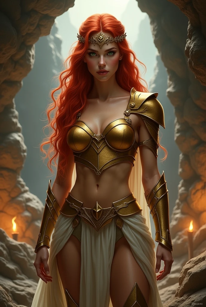 A warrior woman (Jennifer Garner as teela) with a powerful presence, ((red hair)), ((camel toe)), ((cameltoe)), her body adorned with a unique blend of abstract and realistic designs, digital art, by artgerm, hyperdetailed, hi top fade, cowboy shot, dark fantasy.