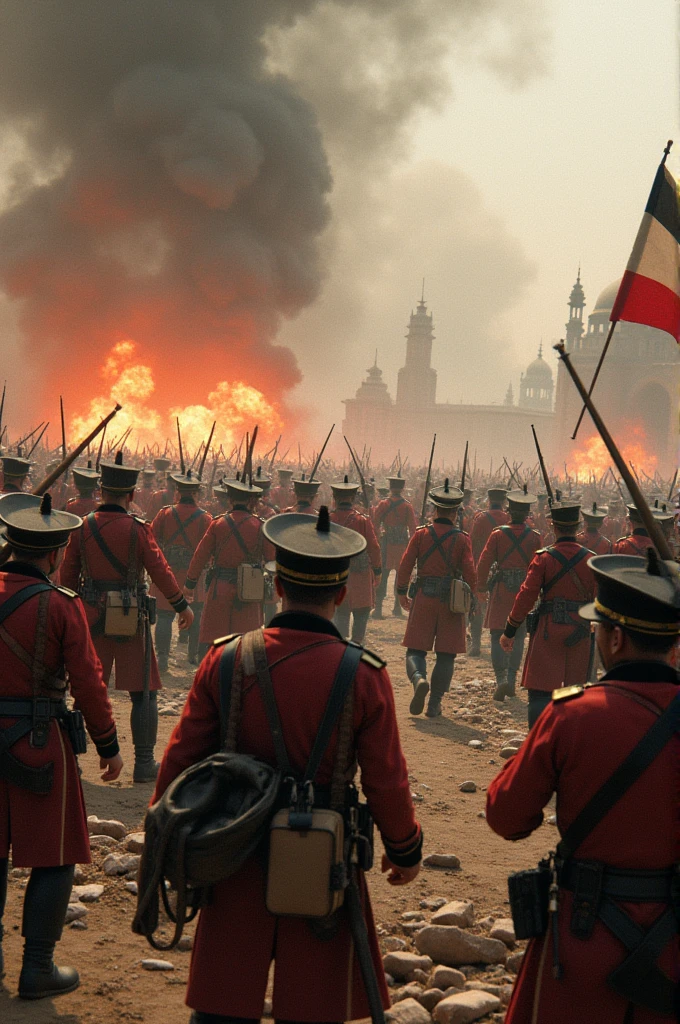 1857 Rebellion (First War of Independence):** A chaotic battlefield scene showing Indian soldiers (sepoys) and civilians clashing with British forces, with smoke, fire, and destruction in the background, symbolizing the intensity of the revolt . in dalle -3. Style