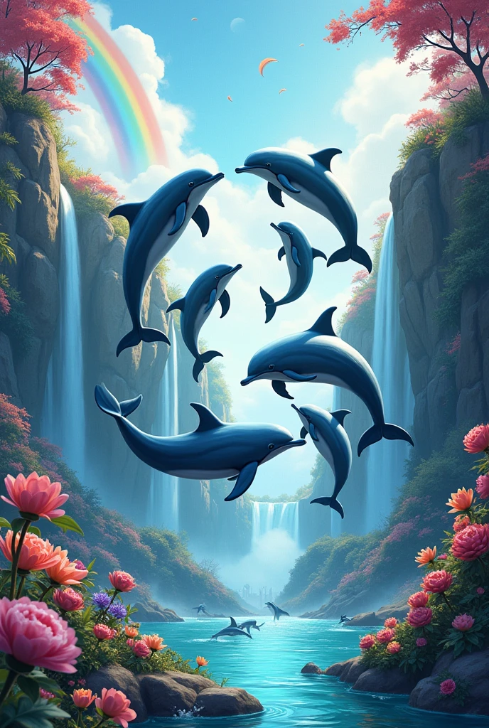 Dolphins in a fantasy world with colorful flowers, Mar, waterfalls, several rainbows and they are swimming and flying, and more dolphins of different sizes playing happily