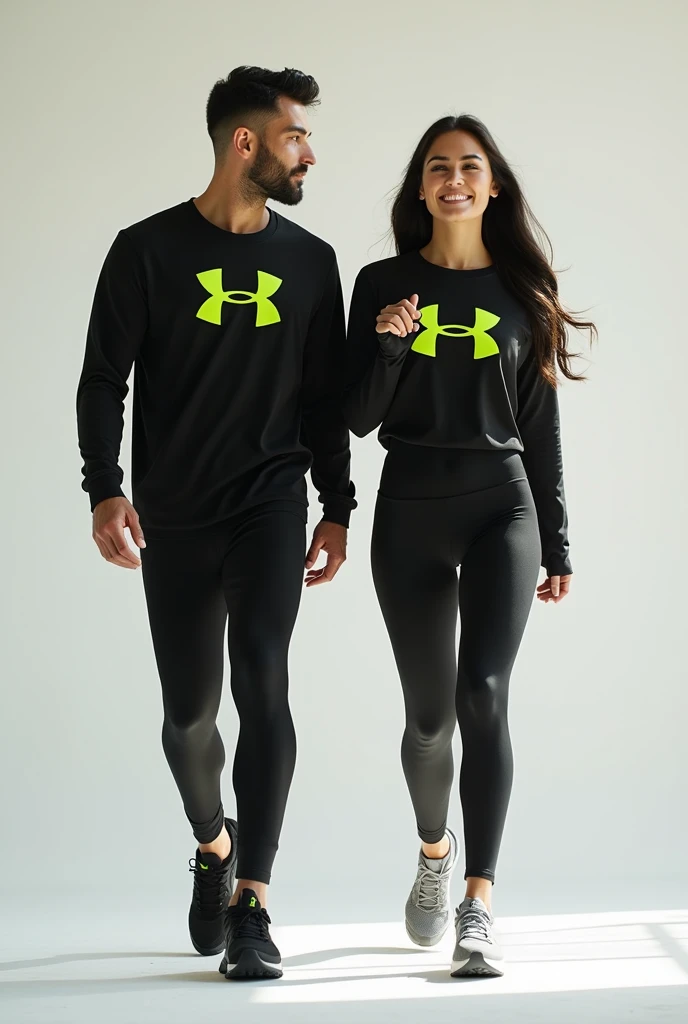 General image of a man and woman wearing black long-sleeved sports outfits and leggings with a lemon green H letter logo