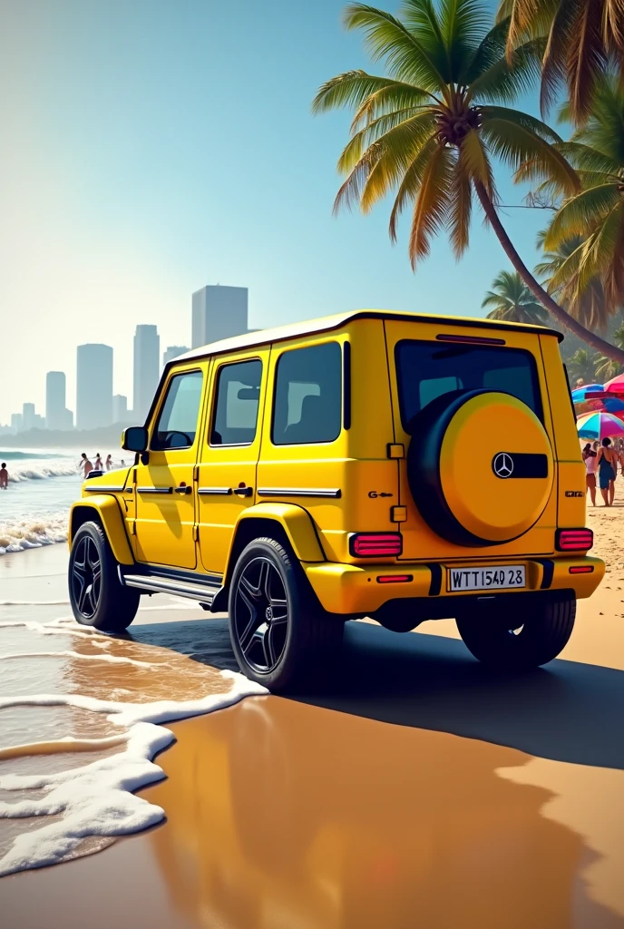 Yellow G wagon car In mumbai beach with red lights : 

