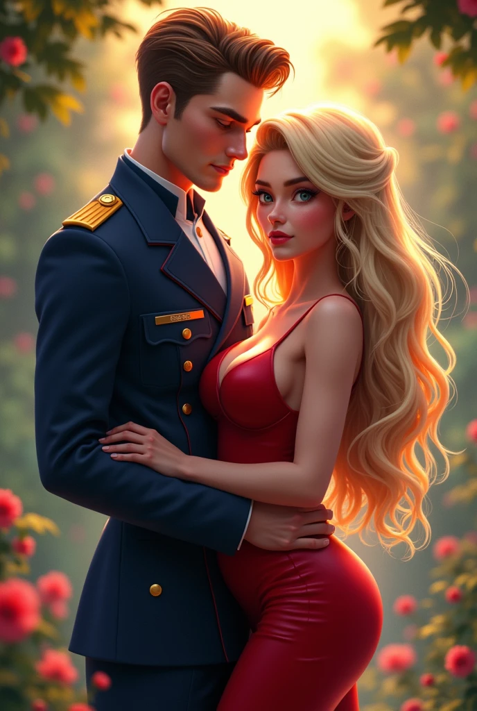 (1 girl: 1.3), (handsome man : 1.3), (standing together: 1.3), (big eyes: 1.2), splash art realistic, blonde gorgeous woman with long hair, (brunette man with short hair: 1.5), smooth realistic CG art, art wallpaper 8k, 4k wallpaper, (big boobs: 1.3), (big boobs: 1.3), (in navy uniform: 1.3)