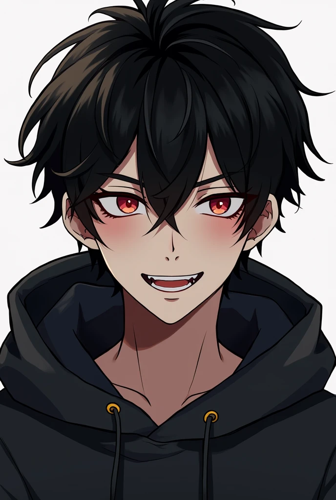 show me handsome manhwa boy.black hair with red eyes. full body.with shy and cute smile. 25year boy.with manly charm. change the face. add shy smile with Hoodi. eyes with anger. change the v shaped jawline. dark lipstick
