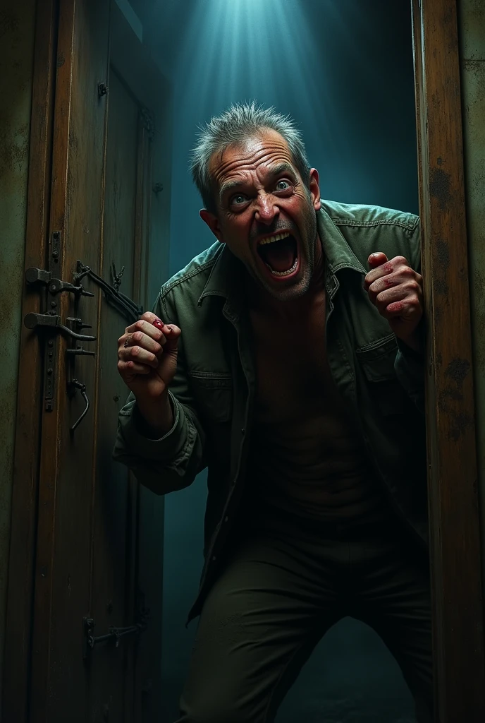 man locked in dark room, knocking on the door begging to be let out



