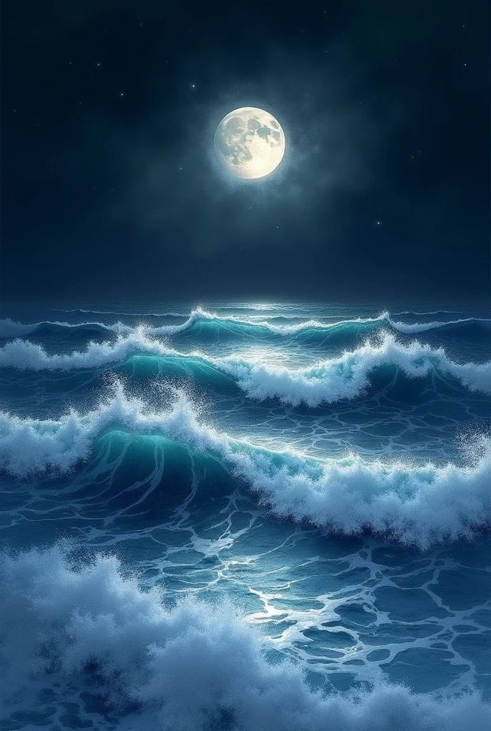 Ocean waves and new moon in watercolor