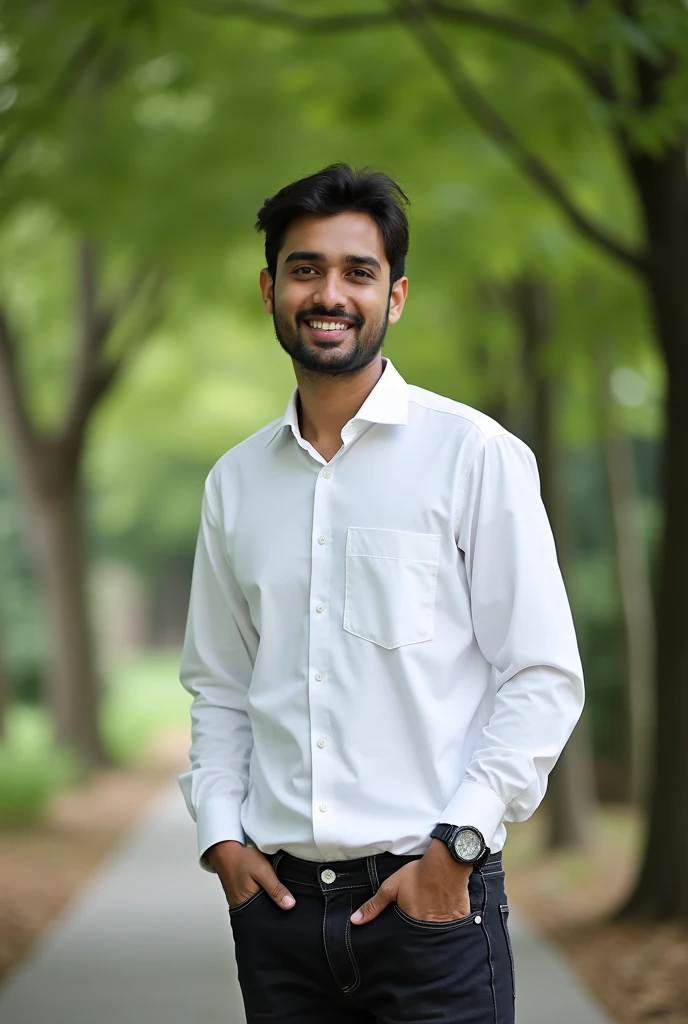 Creat a profile photo boy age 22 Pakistani wearing a black jeans white shirt white shoes background green trees