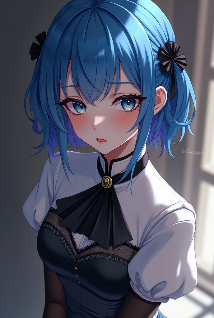 masterpiece, best quality, aafranziska, blue hair, ascot, puffy sleeves, pencil skirt, pantyhose, black gloves, jewelry, earrings, upper body, from above, avoiding eye contact, blushing, frustrated