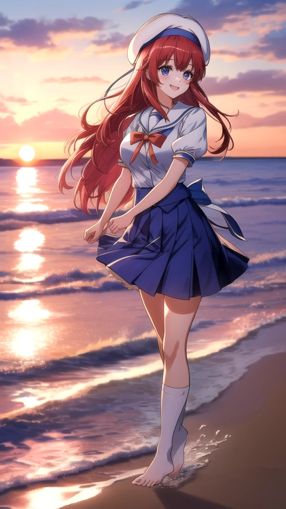 kotorishirakawa, ((masterpiece, best quality, highres, distinct_image)), 
extremely beautiful and delicate, extremely detailed, intricate detail, 1girl, solo, short stack, huge breasts, red hair, long hair, straight hair, blue eyes, BREAK skirt, hat, school uniform, short sleeves, socks, puffy sleeves, puffy short sleeves, beret, Cute Smile Open your mouth, Are standing, (She walked along the beach in the sunset, her bare feet touching the water, the closest she came to seeing that smile:1.1), Two Arms, (cinematic angle:1.1),