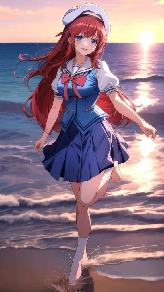 kotorishirakawa, ((masterpiece, best quality, highres, distinct_image)), 
extremely beautiful and delicate, extremely detailed, intricate detail, 1girl, solo, short stack, huge breasts, red hair, long hair, straight hair, blue eyes, BREAK skirt, hat, school uniform, short sleeves, socks, puffy sleeves, puffy short sleeves, beret, Cute Smile Open your mouth, Are standing, (She walked along the beach in the sunset, her bare feet touching the water, the closest she came to seeing that smile:1.1), Two Arms, (cinematic angle:1.1),