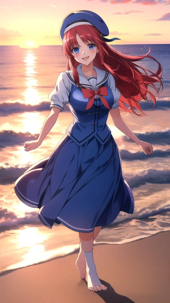 kotorishirakawa, ((masterpiece, best quality, highres, distinct_image)), 
extremely beautiful and delicate, extremely detailed, intricate detail, 1girl, solo, short stack, huge breasts, red hair, long hair, straight hair, blue eyes, BREAK skirt, hat, school uniform, short sleeves, socks, puffy sleeves, puffy short sleeves, beret, Cute Smile Open your mouth, Are standing, (She walked along the beach in the sunset, her bare feet touching the water, the closest she came to seeing that smile:1.1), Two Arms, (cinematic angle:1.1),