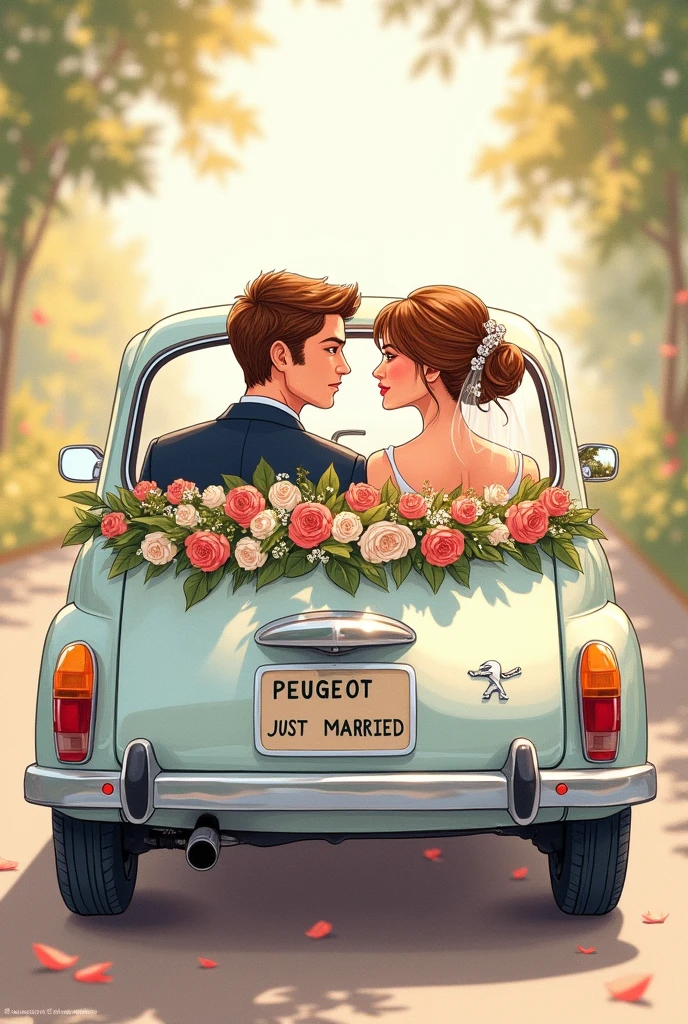 A drawn picture. Bride and groom sitting in a wedding car. Bride and groom have brown hair. You can see them through the rear window of the car. The car has the Peugeot logo on it and is decorated with flowers. The license plate says “just married”