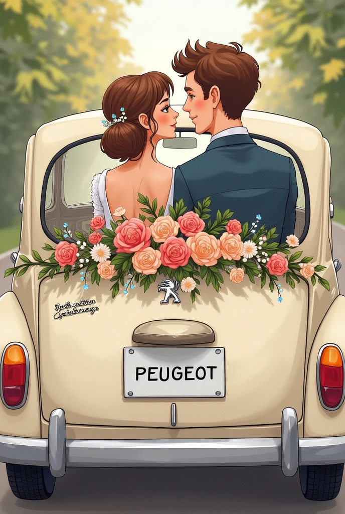 A drawn picture. Bride and groom sitting in a wedding car. Bride and groom have brown hair. You can see them through the rear window of the car. The car has the Peugeot logo on it and is decorated with flowers. The license plate says “just married”