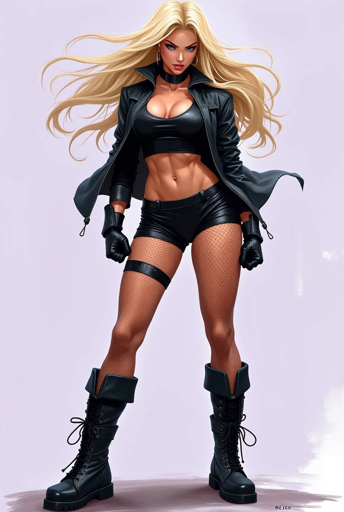 Digital art with fluid colored strokes and oil shading. A blonde female fighter, 2, athletic body, strong arms and extremely strong legs, almond-shaped blue eyes, long flowing hair, she is wearing a short, black leather jacket over a black latex bodysuit, fishnet tights, black combat gloves and black boots. She is serious. In a defiant pose. Image inspired by the art of Artgerm. On a neutral lilac background.