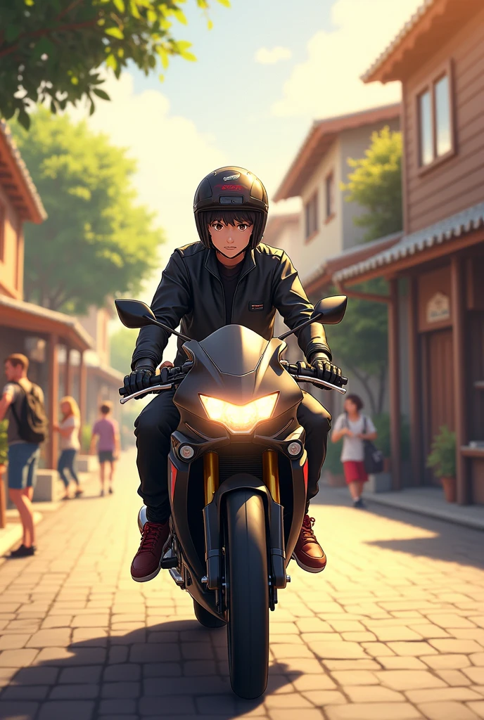3D anime illustration, A 20-year-old, thin, 1.80-meter-tall young man, with his black Honda Sport CB1500cc motorcycle, wearing a complete black jacket with a sports helmet. arrived in a small town with simple buildings on the side of the road. The afternoon sun gave off a warm golden light. Several people were seen doing activities around.
The Honda Sport CB1500cc motorcycle drove slowly, slowing down the speed of the motorbike, looking around while enjoying the atmosphere of the small town. The camera focuses on the character's satisfied smile and the details of the clean and well-maintained motorbike.