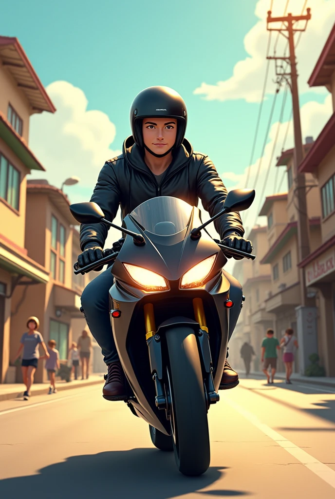 3D anime illustration, A 20-year-old, thin, 1.80-meter-tall young man, with his black Honda Sport CB1500cc motorcycle, wearing a complete black jacket with a sports helmet. arrived in a small town with simple buildings on the side of the road. The afternoon sun gave off a warm golden light. Several people were seen doing activities around.
The Honda Sport CB1500cc motorcycle drove slowly, slowing down the speed of the motorbike, looking around while enjoying the atmosphere of the small town. The camera focuses on the character's satisfied smile and the details of the clean and well-maintained motorbike.