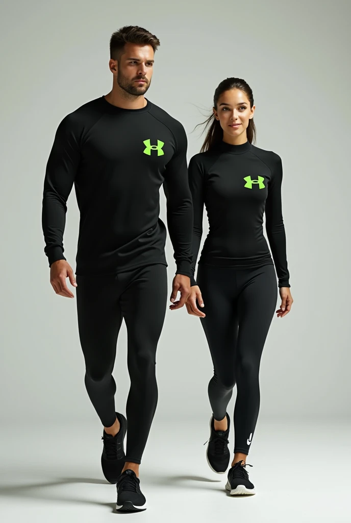 General image of a man and woman wearing black long-sleeved sports outfits and leggings with a lemon green H letter logo