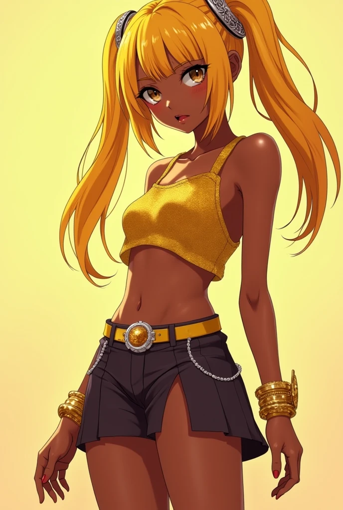 A girl with dark skin like anime, with a silver top, and bracelets on silver hands, with a silver skirt that covers her right leg but the left leg is very short up to the thigh, Her hair is straight, waist-length and yellow in color., Her hair is loose but she has two pigtails in the back., and has silver accessories on his head