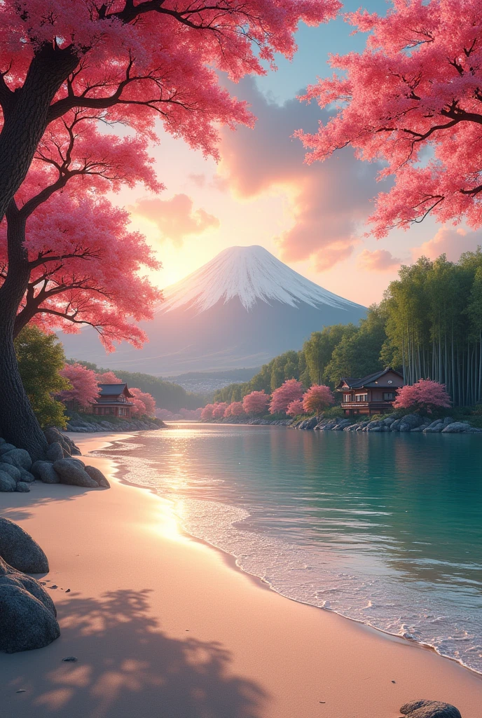 wallpapr. 4k. beach. full HD. red cherry trees. hyperrealistic. green bamboos. 4k. sunset. full HD. fuji background. hyperrealistic. japaneese houses surroundinds. hyperrealistic