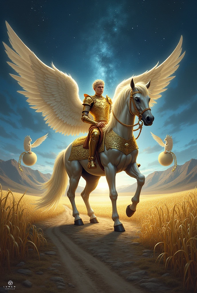 Create a majestic and dynamic image for the 'Knight of Spheres' card in the 'Lumen Angelis' tarot deck, inspired by the 'Knight of Pentacles' from the Rider-Waite tarot.
In the center of the scene, depict a powerful and determined angelic knight, representing diligence, responsibility, and the steadfast pursuit of goals. The knight is seated on a grand, armored horse with shimmering, metallic wings. The horse is posed in a strong, grounded stance, as if ready to take a cautious yet purposeful step forward, symbolizing the careful and methodical approach of the Knight of Spheres.
The angelic knight is dressed in ornate, golden armor, with intricate engravings of celestial symbols and patterns that glow softly, emphasizing their divine nature. The knight’s face is calm and focused, with eyes that reflect wisdom and determination. In one hand, they hold a large, radiant sphere, similar to the one held by the Page, but with a more pronounced glow, representing the knight's deep commitment to nurturing and safeguarding their goals.
The background of the image features a vast, fertile landscape, rich with fields of golden crops that stretch out to the horizon, symbolizing abundance and the fruits of labor. The earth beneath the horse's hooves is solid and firm, with trails that lead towards distant mountains, indicating the knight's journey towards long-term success.
Above, the sky is a deep, twilight blue, with stars beginning to appear, creating a serene and focused atmosphere. Soft beams of light from the setting sun illuminate the knight and their surroundings, casting long shadows that emphasize the time and effort required to achieve their goals.
Flanking the knight are two ethereal guardians, resembling griffins with wings of light and bodies of mist. These creatures represent the protective forces that guide and watch over the knight, ensuring that their path remains true and their efforts rewarded.
The overall color palette should be rich in deep blues, gol