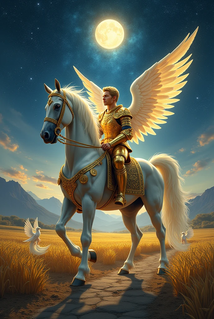 Create a majestic and dynamic image for the 'Knight of Spheres' card in the 'Lumen Angelis' tarot deck, inspired by the 'Knight of Pentacles' from the Rider-Waite tarot.

In the center of the scene, depict a powerful and determined angelic knight, representing diligence, responsibility, and the steadfast pursuit of goals. The knight is seated on a grand, armored horse with shimmering, metallic wings. The horse is posed in a strong, grounded stance, as if ready to take a cautious yet purposeful step forward, symbolizing the careful and methodical approach of the Knight of Spheres.

The angelic knight is dressed in ornate, golden armor, with intricate engravings of celestial symbols and patterns that glow softly, emphasizing their divine nature. The knight’s face is calm and focused, with eyes that reflect wisdom and determination. In one hand, they hold a large, radiant sphere, similar to the one held by the Page, but with a more pronounced glow, representing the knight's deep commitment to nurturing and safeguarding their goals.

The background of the image features a vast, fertile landscape, rich with fields of golden crops that stretch out to the horizon, symbolizing abundance and the fruits of labor. The earth beneath the horse's hooves is solid and firm, with trails that lead towards distant mountains, indicating the knight's journey towards long-term success.

Above, the sky is a deep, twilight blue, with stars beginning to appear, creating a serene and focused atmosphere. Soft beams of light from the setting sun illuminate the knight and their surroundings, casting long shadows that emphasize the time and effort required to achieve their goals.

Flanking the knight are two ethereal guardians, resembling griffins with wings of light and bodies of mist. These creatures represent the protective forces that guide and watch over the knight, ensuring that their path remains true and their efforts rewarded.

The overall color palette should be rich in deep blues, gol