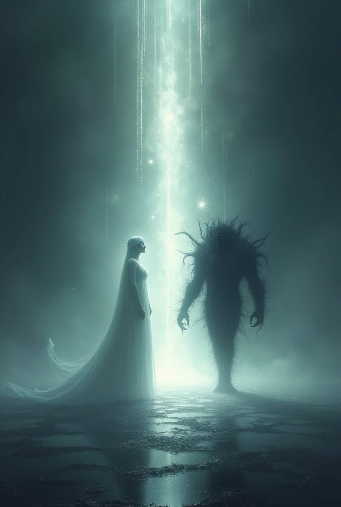 a white and eternal void, a creature of intense light and one of dense darkness