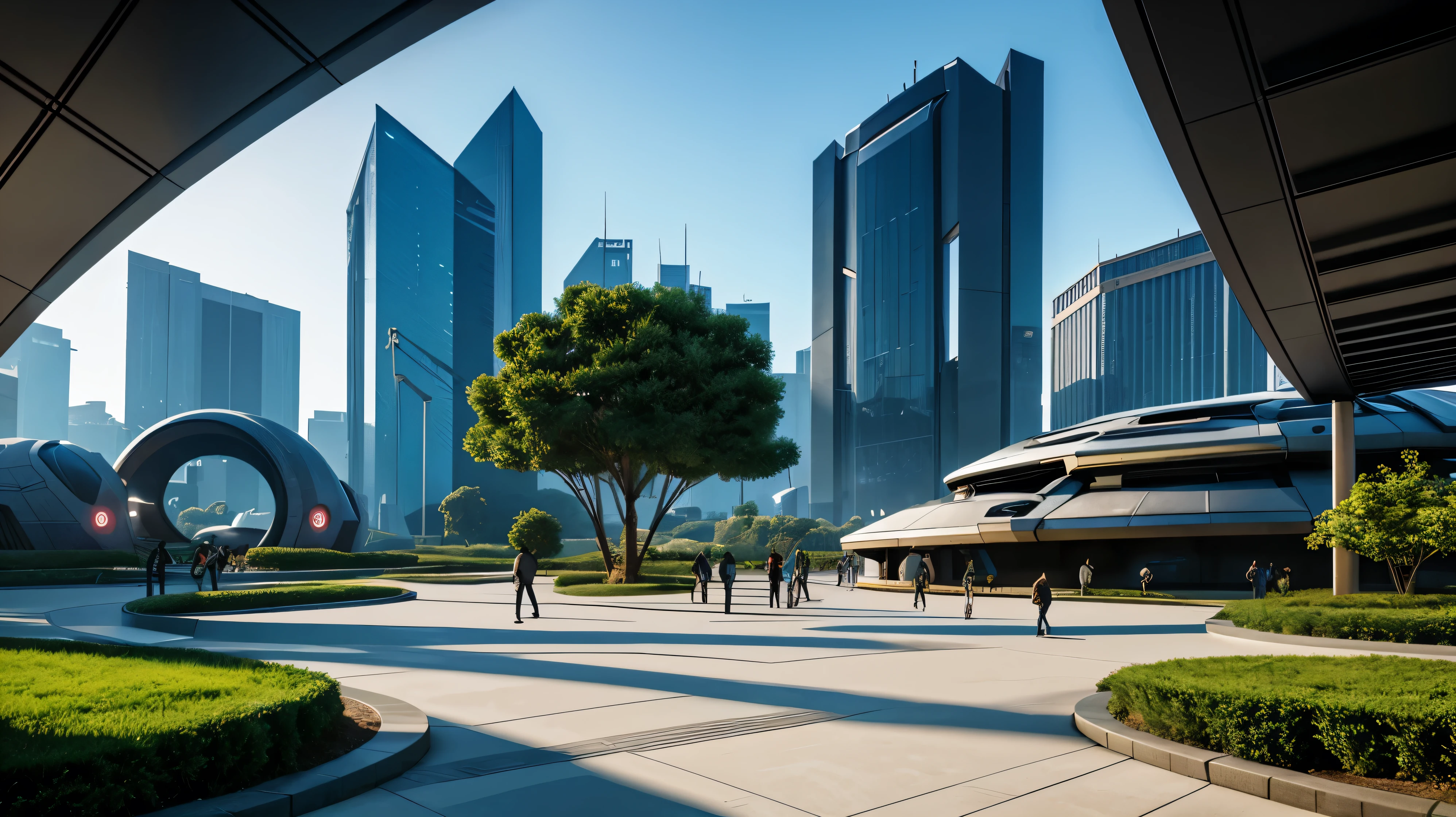 scifi, futuristic park, architectual, space design, cyberpunk, futuristic, hightech, hard-surface design, daylight, much tech, much electronic, very cozy, ambient light, realistic view, wide angle, year 2124