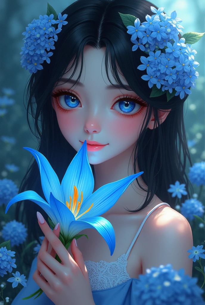 A girl with flowing jet black hair, wearing a dress. Both of his eyes have different colors, one is black and one is blue. Holding a blue spider lily flower, looking at the flowers with a warm smile. There are cherry blossoms around it, Blue Hydrangea, and forget-me-not flowers. Be in a cool place, calm, and peace.