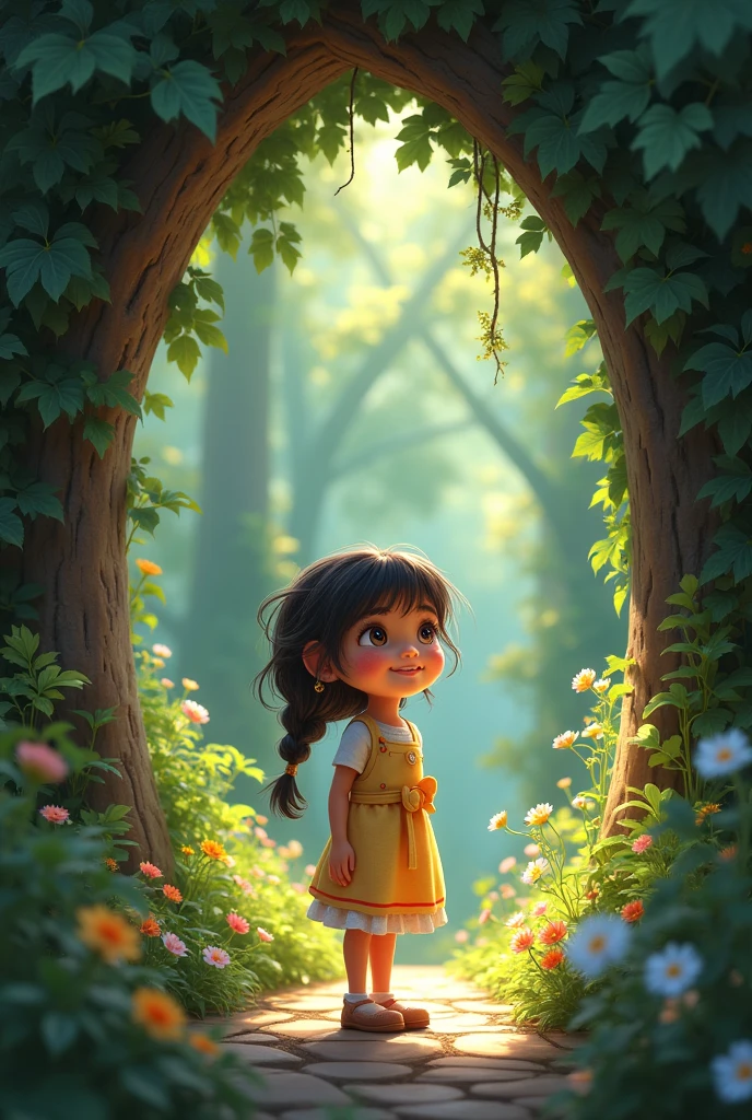 A young girl named Maya, with a curious expression, thinking about a mysterious secret garden