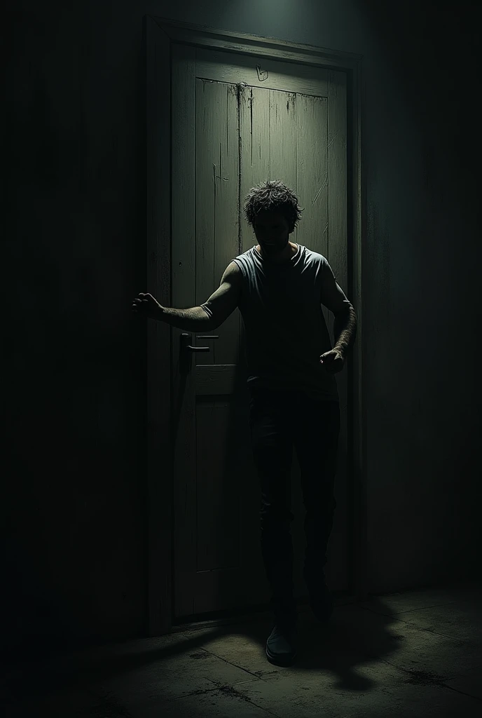man locked in dark room, knocking on the door begging to be let out so that his face cannot be seen