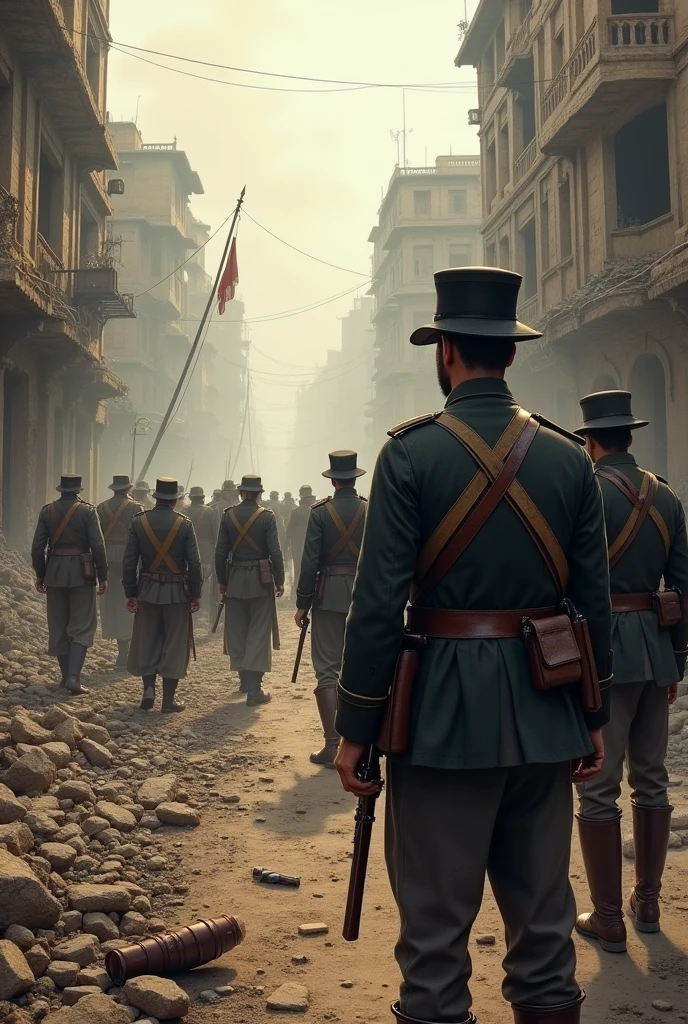 Aftermath of 1857 Rebellion:** A grim scene of British soldiers inspecting the damage in an Indian city after the suppression of the rebellion, with destroyed buildings, captured rebels, and a sense of desolation . in dalle -3. Style